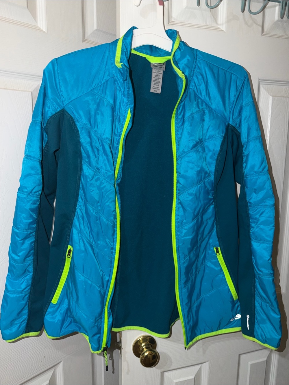 Champion Women's Teal Thin Puffer Jacket with Neon Lime Trim
